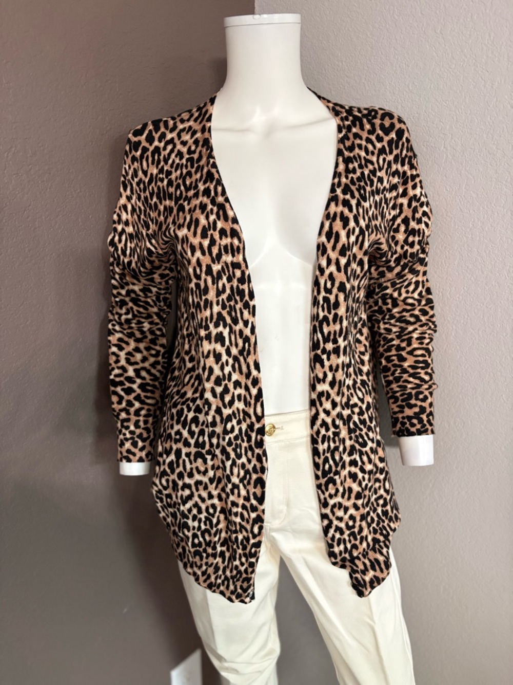 Leopard Print Open-Front Cardigan - Tan & Black